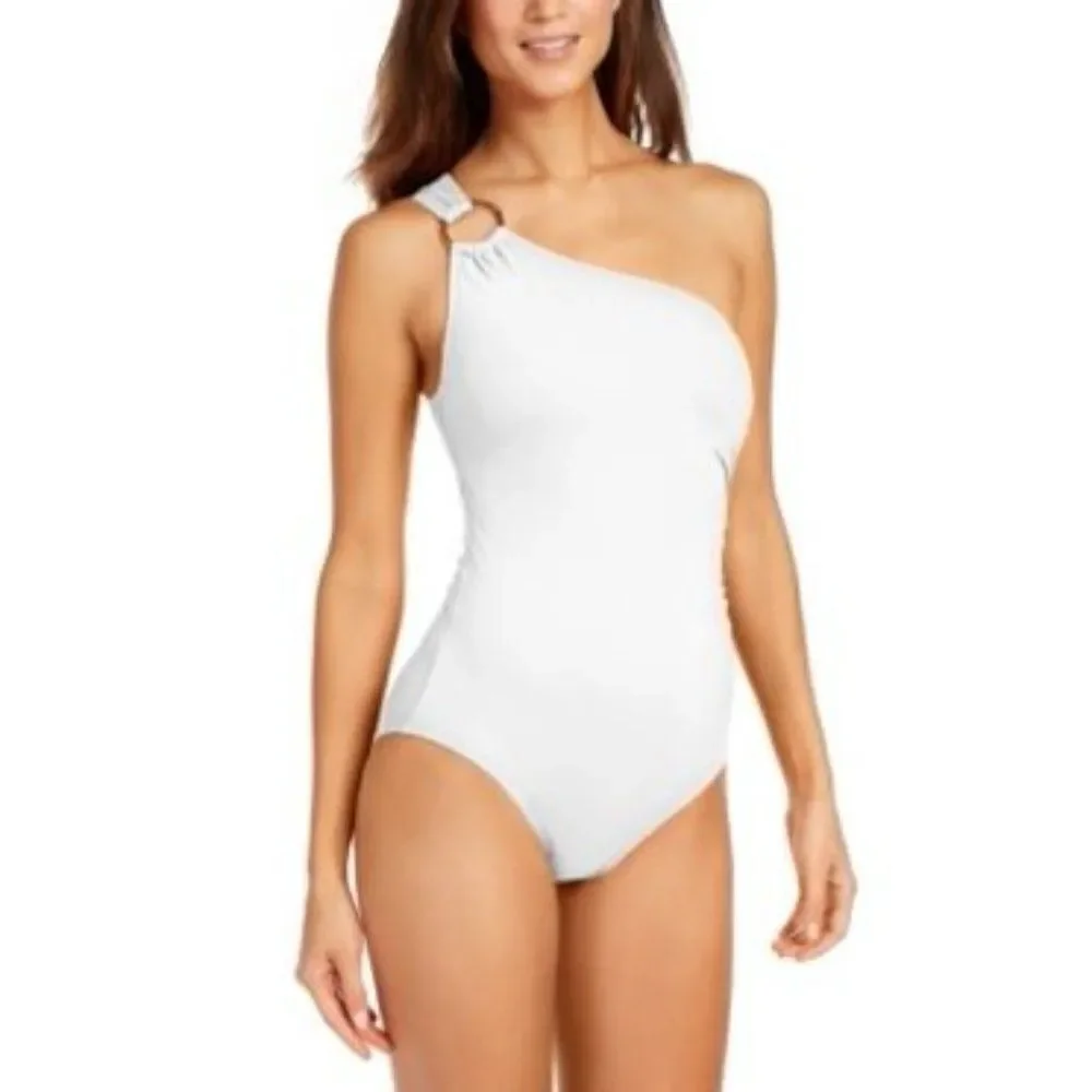 Michael Kors WHITE Iconic gold ring Solids One Shoulder One-Piece Swimsu…